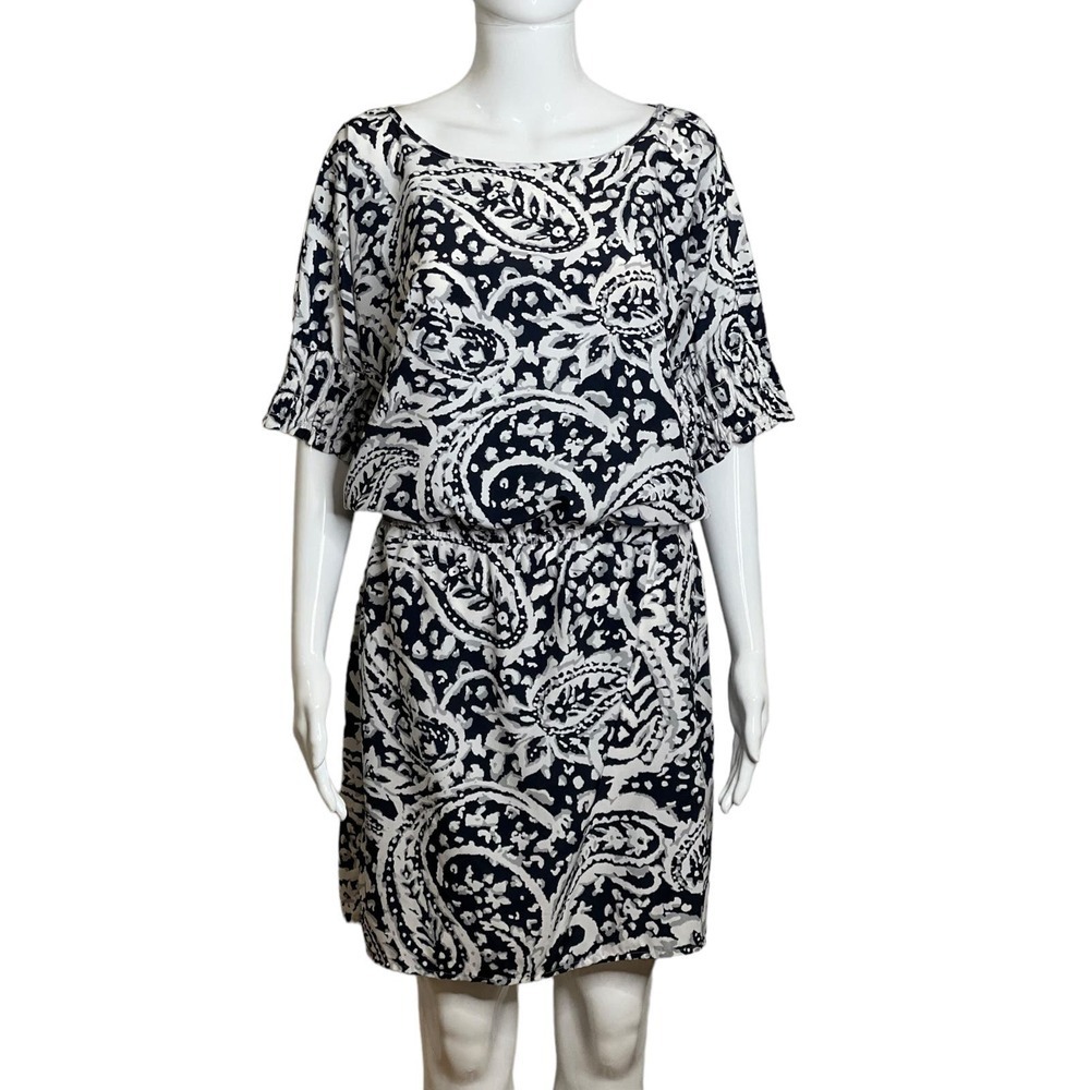 Loft Ann Taylor Size 6 Dress mini short sleeve Puff elastic waist black white